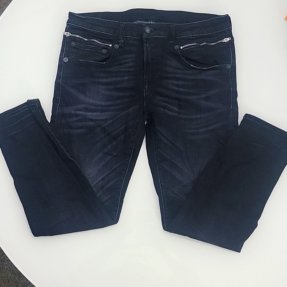 R13 midrise skinny leg jeans with zippers